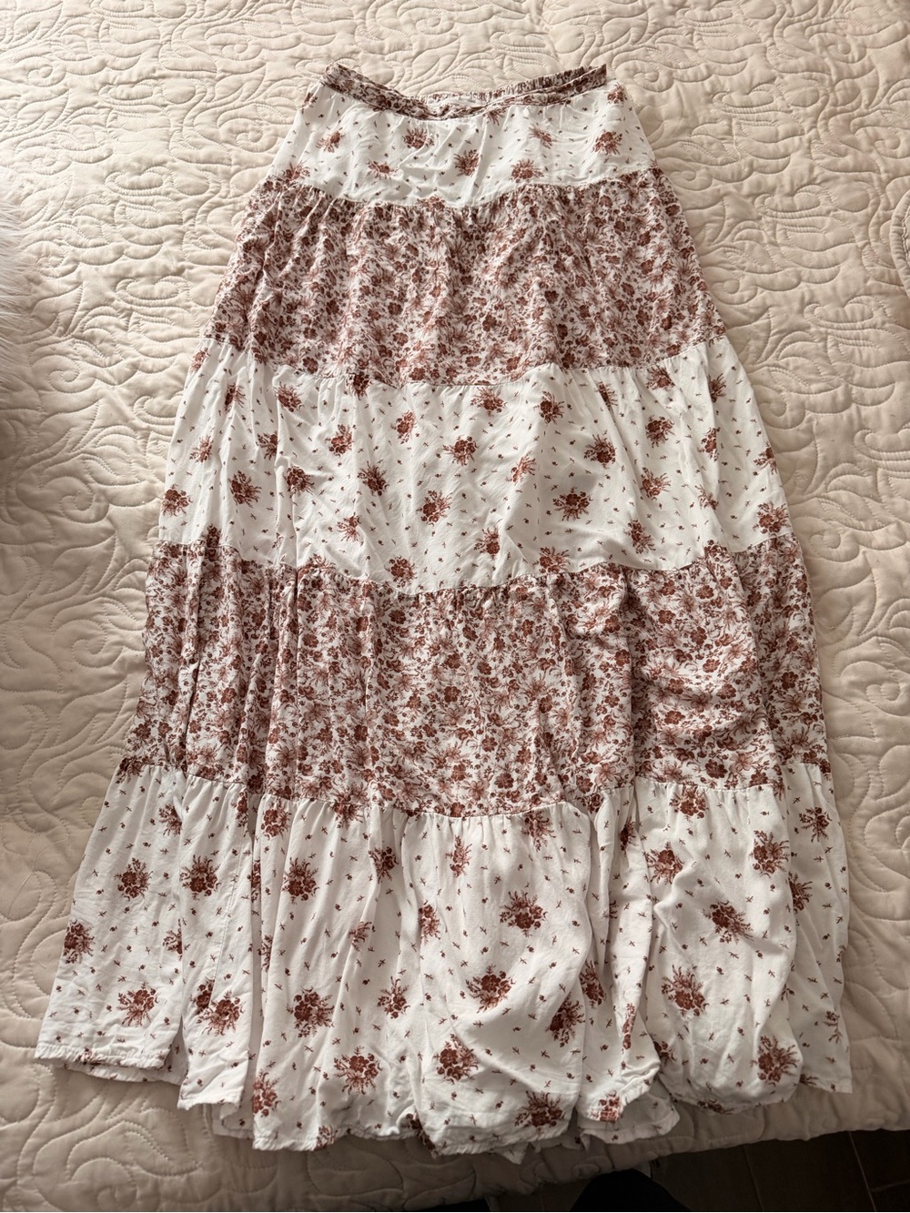 Altar’d State White and Brown Floral Tiered Maxi Skirt Size Small